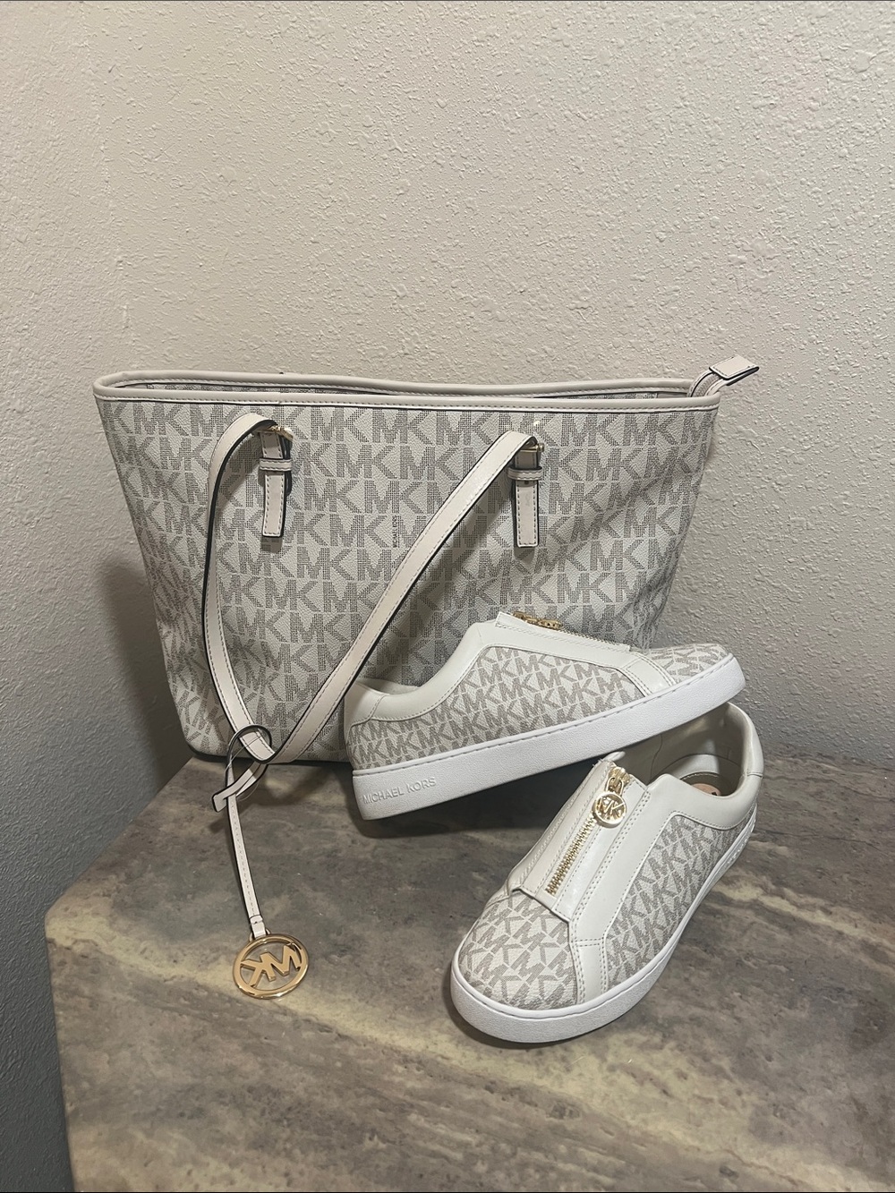 Michael Kors Cream and White MK Signature Tote with Matching Slip-On Sneakers